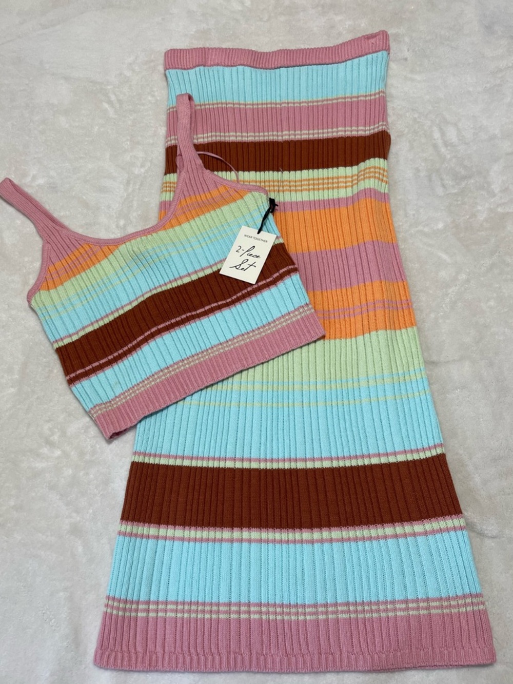 NWT Knit 2 Piece Set Striped Midi Skirt & Crop Top Boho Y2K